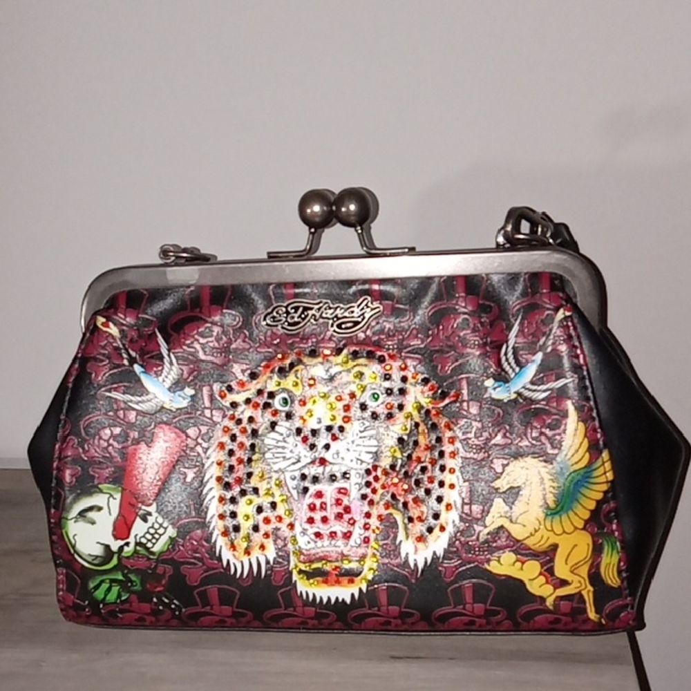 Ed Hardy Black Multicolor Embellished Tiger Framed Handbag